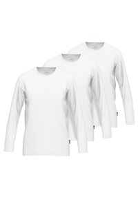 Three long-sleeve white t-shirts made of soft fabric; round neck design; features a small logo tag on the left side near the hem.