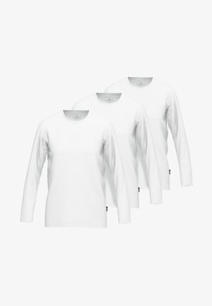 Three long-sleeve white t-shirts made of soft fabric; round neck design; features a small logo tag on the left side near the hem.
