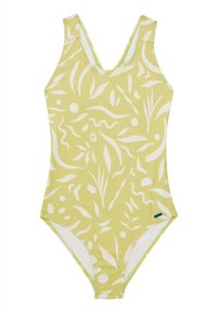 Maillot de bain une pièce jaune clair avec des motifs abstraits de feuilles et de formes blancs. Doté d'un décolleté en V et de larges bretelles.