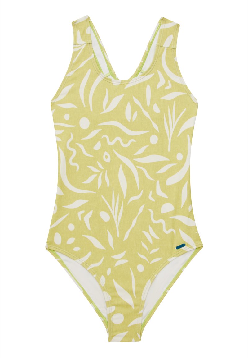 Maillot de bain une pièce jaune clair avec des motifs abstraits de feuilles et de formes blancs. Doté d'un décolleté en V et de larges bretelles.