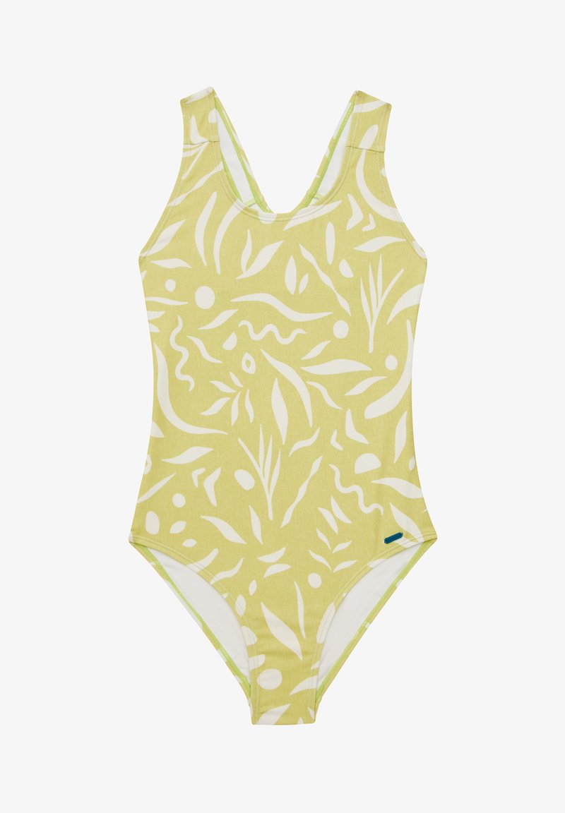 Eén stuk badpak in lichtgeel met witte abstracte bladeren en vormen patronen. Kenmerkt zich door een V-hals en brede schouderbanden.