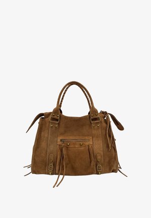 Sac à main en suède brun avec deux poignées tressées, poche avant zippée avec un pompon, ferrures en laiton et sangles décoratives avec boucles sur les côtés.