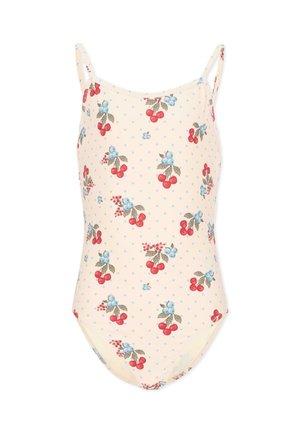 Costume da bagno color crema con spalline sottili, decorato con ciliegie rosse, mirtilli blu, foglie verdi e piccoli pois blu.