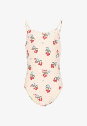 Maillot de bain couleur crème avec fines bretelles, orné de cerises rouges, de myrtilles bleues, de feuilles vertes et de petits pois bleus.