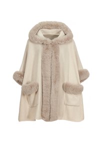 Poncho beige con capucha, que presenta ribetes de pelo sintético y bolsillos. Textura suave con una forma suelta y fluida. Accentuado con un cuello y mangas de felpa.