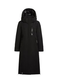 Black long parka jacket with a hood, featuring a front zipper, side pockets, and a glossy inner lining. Smooth texture and modern design.