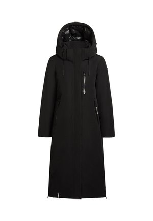 Parka noire longue avec capuche, dotée d'une fermeture éclair à l'avant, de poches latérales et d'une doublure intérieure brillante. Texture lisse et design moderne.