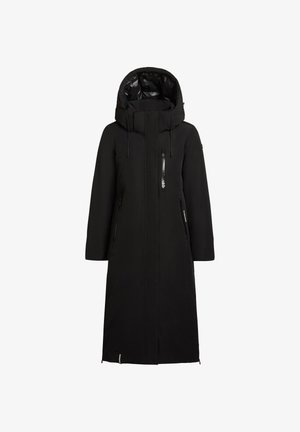 Schwarze lange Parkajacke mit Kapuze, ausgestattet mit einem Vorderreißverschluss, seitlichen Taschen und einem glänzenden Innenfutter. Glatte Textur und modernes Design.
