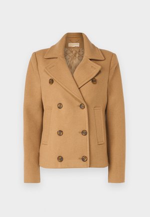 Dubbelzijdige camel coat van een wolmix, voorzien van een bijnaamkraag, bruine knopen en zijzakken met een gewatteerde voering.