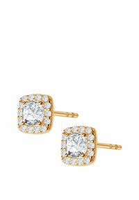 Kwadratowe złote kolczyki wkrętki z dużym przezroczystym kamieniem otoczonym mniejszymi przezroczystymi kamieniami, zachwycające polerowanym wykończeniem.