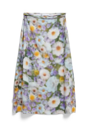 Blumenrock aus einem transparenten, leichten Stoff mit einer Mischung aus bunten Blumen in Blau-, Lila-, Gelb- und Weißtönen.