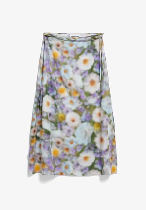 Blumenrock aus einem transparenten, leichten Stoff mit einer Mischung aus bunten Blumen in Blau-, Lila-, Gelb- und Weißtönen.