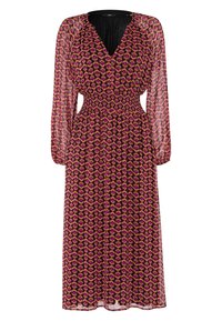 Robe à manches longues et décolleté en V en tissu transparent. Motif géométrique en rose, jaune et violet sur un fond sombre. Taille élastique, jupe fluide.