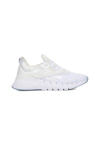 Biele športové topánky s textúrou sieťoviny na zvršku, gumovou podrážkou a výrazným odpružením. Disponujú minimalistickým dizajnom a logom v svetlom zlatej farbe.