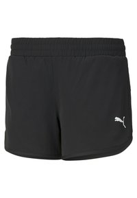 Czarne szorty sportowe z elastycznym pasem, wykonane z gładkiego materiału. Posiadają białe logo Puma na dolnej lewej stronie.