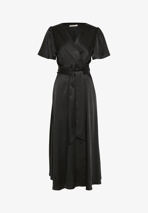 Czarna sukienka o fasonie wrap z krótkimi, bufiastymi rękawami. Wykonana z gładkiego materiału, z paskiem w talii i rozkloszowanym dołem z falującym wykończeniem.