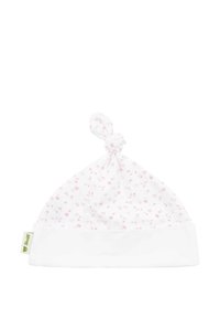 Bonnet bébé en tricot blanc avec un imprimé floral rose, doté d'un sommet noué et d'un revers blanc uni en bas.