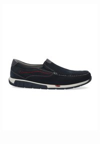 Mørkeblå slip-on sko lavet af ruskind, med hvid syning, en struktureret gummisål og røde detaljer på siden.