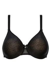 Reggiseno nero con un motivo testurizzato che ricorda le squame, dotato di spalline regolabili e un piccolo gancio decorativo al centro tra le coppe.