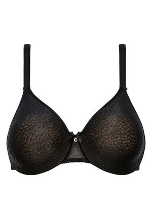 Black bra with a textured pattern resembling scales, featuring adjustable straps and a small hook accent at the center between the cups.