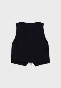 Black sleeveless vest with a high neckline, side pockets, and a back slit. Made from smooth fabric with a structured design.