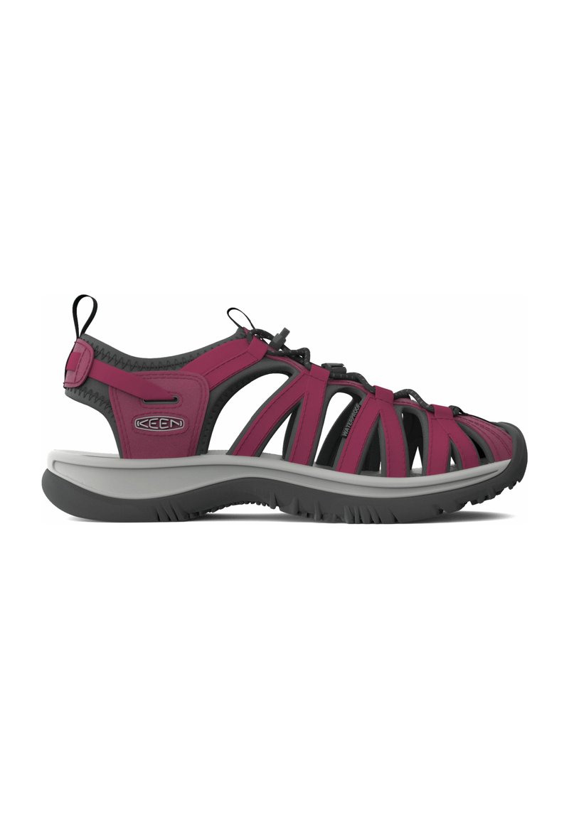 Sport sandals in dark pink and black, featuring a lightweight design, open-toe, adjustable straps, textured outsole, and a cushioned midsole.