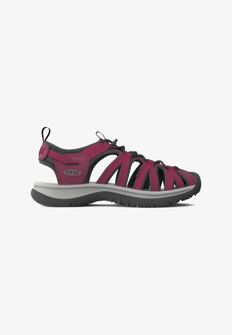 Sport sandals in dark pink and black, featuring a lightweight design, open-toe, adjustable straps, textured outsole, and a cushioned midsole.