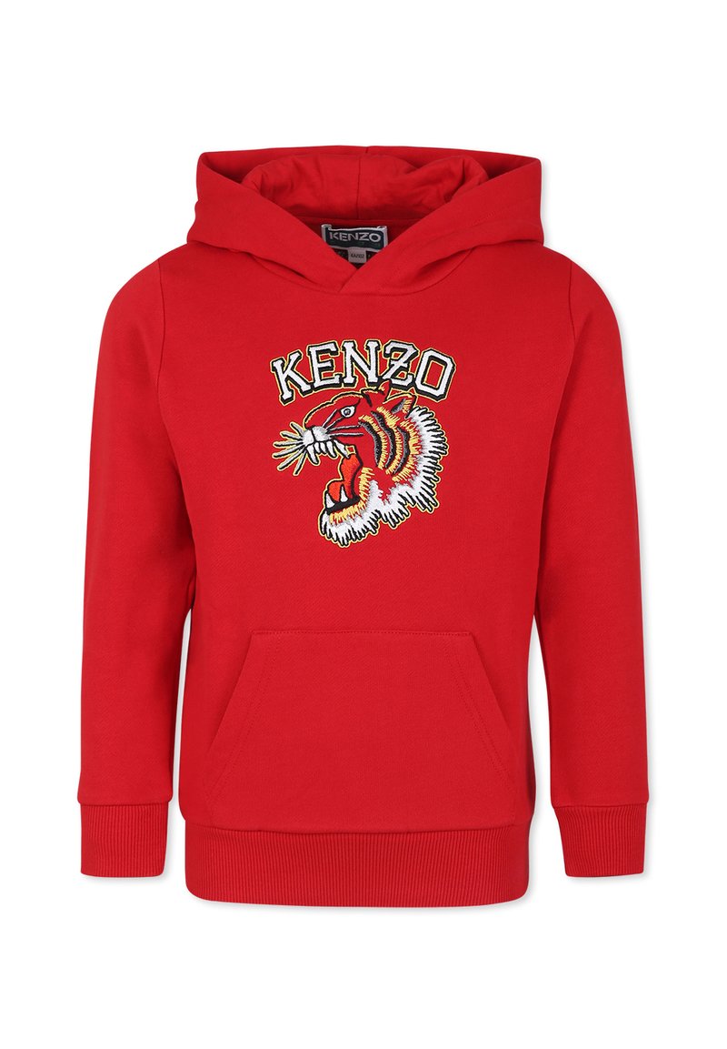 Hoodie en coton rouge avec un grand design de tigre brodé à l'avant, poche kangourou et poignets et ourlet côtelés.