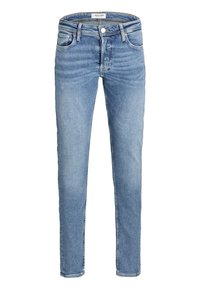 Světle modré džíny s úzkým střihem, vyrobené z denimu. Obsahují pět kapes, zapínání na knoflík a jemné blednutí na nohavicích.