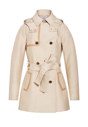 Beiger doppelt geknöpfter Trenchcoat mit weitem Kragen, passendem Gürtel, der in der Taille gebunden ist, schwarzen Knöpfen und hellbraunen Verzierungen an Taschen und Schulterklappe.