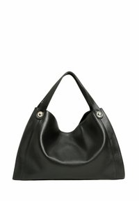 Borsa a mano in pelle nera con silhouette curvata, due manici robusti e due inserti metallici alla base di ciascun manico. Texture liscia.