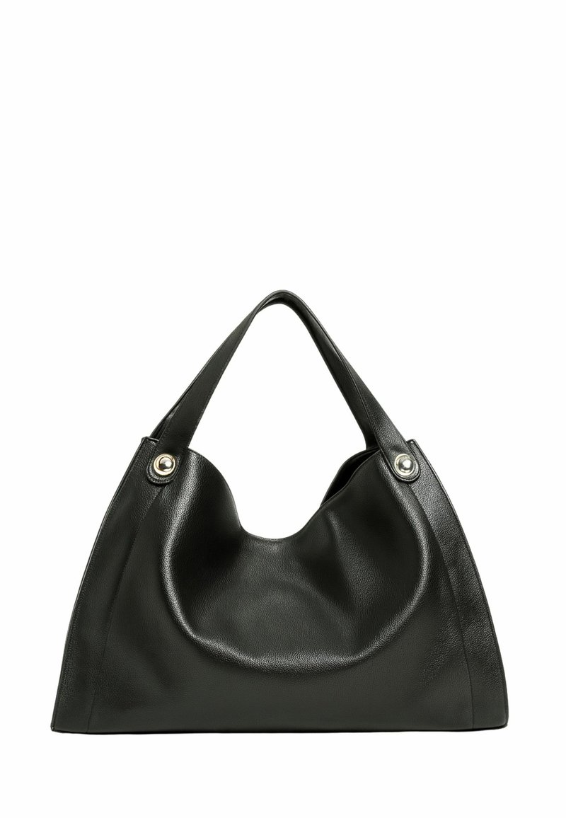 Borsa a mano in pelle nera con silhouette curvata, due manici robusti e due inserti metallici alla base di ciascun manico. Texture liscia.