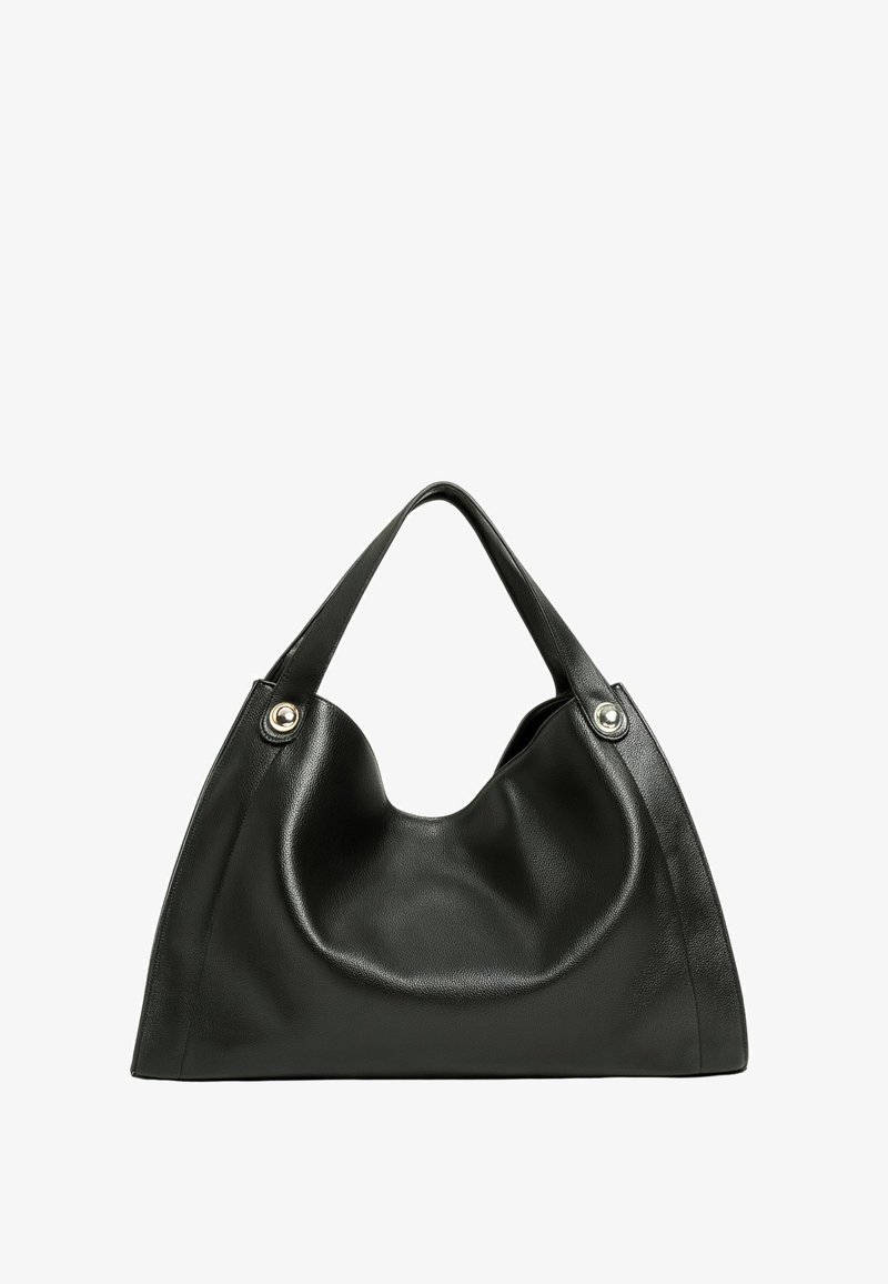 Borsa a mano in pelle nera con silhouette curvata, due manici robusti e due inserti metallici alla base di ciascun manico. Texture liscia.