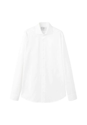 White long-sleeve shirt made of cotton. Features a classic collar, button front, straight hem, and plain texture with no patterns.