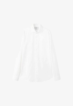 Witte katoenen blouse met lange mouwen. Voorzien van een klassieke kraag, knopen aan de voorkant, rechte zoom en een effen structuur zonder patronen.