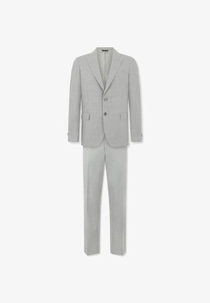 Hellgrauer zweiteiliger Herrenanzug mit Blazer mit Kerbkragen und geraden Hosen, mit dezentem Karomuster und Zwei-Knopf-Verschluss.