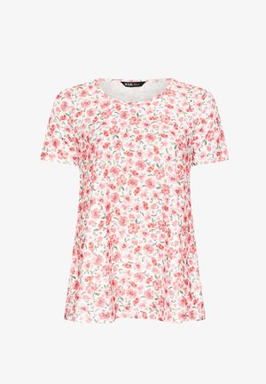 Witte blouse met korte mouwen en een roze-rood bloemenpatroon, ronde halslijn en een losse, luchtige pasvorm.