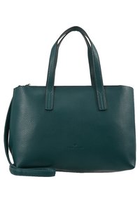 Teal-harmaatterinen nahkalaukku, jossa on kaksi kantohihnaa ja irrotettava olkahihna, keskokokoinen, suorakaiteen muotoinen, kohokuvioitu brändin nimi.