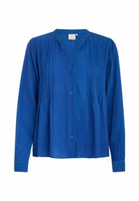 Blusa blu a maniche lunghe in tessuto leggero con scollatura a V e design frontale plissettato, dotata di chiusura con bottoni e vestibilità morbida.