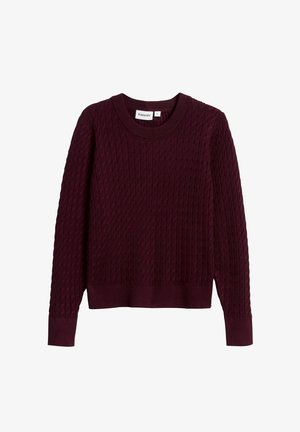 Burgunderfarbener Strickpullover mit gerippter Textur, rundem Ausschnitt und langen Ärmeln. Verfügt über einen figurbetonten Saum und ein dezentes Zopfmuster im ganzen.