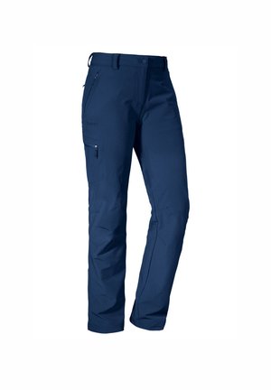 Navy blue outdoor pants made of durable fabric. Feature zippered pockets and structured fit, with reinforced knees for added strength.