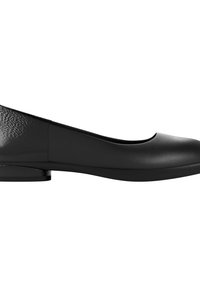 Black low-heeled shoe with a smooth matte upper, rounded toe, and a glossy accent on the heel, featuring a simple and streamlined design.