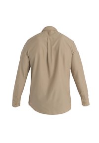 Camicia a maniche lunghe color beige chiaro con colletto a camicia, piega sul retro e orlo arrotondato. Realizzata in tessuto liscio con polsini abbottonati.