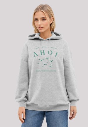 Gray hooded sweatshirt featuring a front graphic with the text "AHOI" and bird silhouettes. Ribbed cuffs and hem. Casual fit.