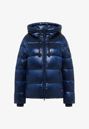 Marineblauwe gewatteerde jas met een glanzende afwerking, voorzien van een capuchon, ritsluiting, elastische manchetten en twee zijzakken.