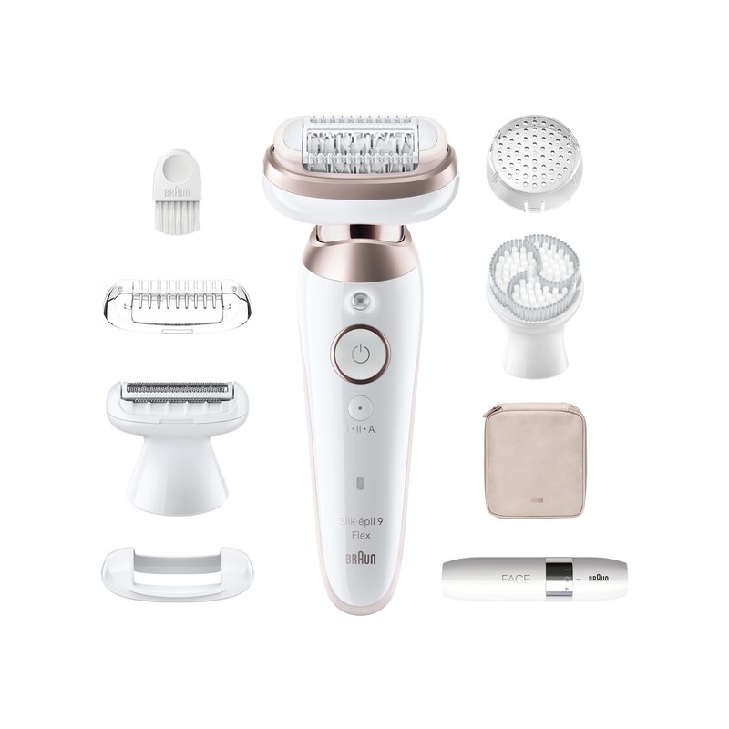 Epilator-Set mit abnehmbaren Aufsätzen, Reinigungsbürste, Gesichtsborste, Massagepad, Aufbewahrungstasche und Präzisionstrimmer zur Haarentfernung und Hautpflege.