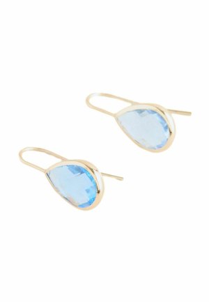 Goldfarbene Ohrringe mit einem tropfenförmigen, hellblau facettierten Stein. Das Design beinhaltet einen minimalistischen Haken für sicheren Tragekomfort.
