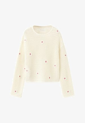 Cream-colored crochet sweater with long sleeves, featuring small pink embroidered flower accents scattered across the fabric.