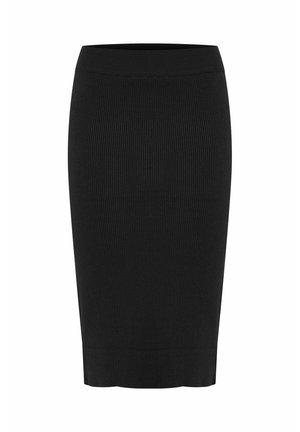 Zwarte geribbelde kokerrok met een elastische tailleband. Beschikt over een getailleerde pasvorm en een gladde textuur, ontworpen voor een middelange silhouette.