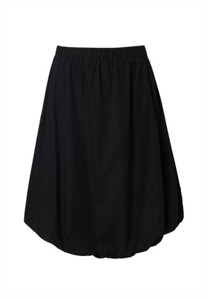 Falda negra hasta la rodilla con cinturilla elástica y dobladillo globo, confeccionada en tela ligera, adecuada para uso casual o formal.